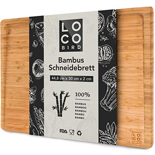 Loco Bird massives Bambus Schneidebrett mit Saftrille - 44,8x30x2 cm großes Holz-Brett für die Küche - XXL Tranchierbrett - Antibakterielles Holzbrett - 1